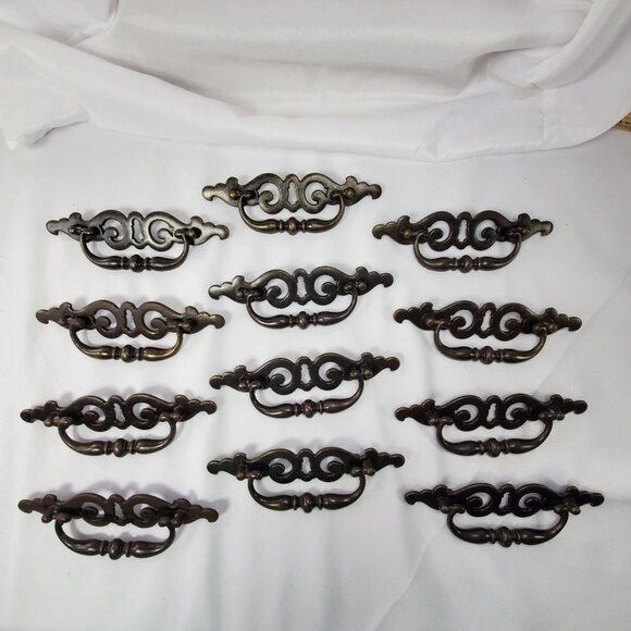 VTG 12 Brass French Pulls Dangling Handle Replacement Hardware Ornate 7" Wide - Picture 7 of 12